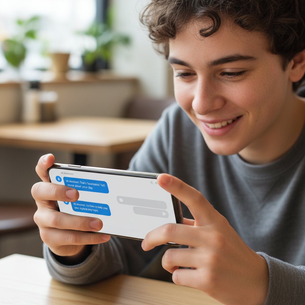 Zbliżenie na ekran smartfona z aktywną konwersacją AI, młoda osoba uśmiecha się do telefonu
