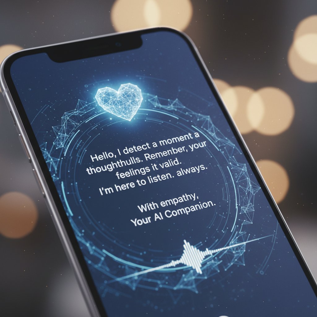 Zbliżenie na ekran smartfona z serdeczną wiadomością od AI – wizualizacja symulacji empatii