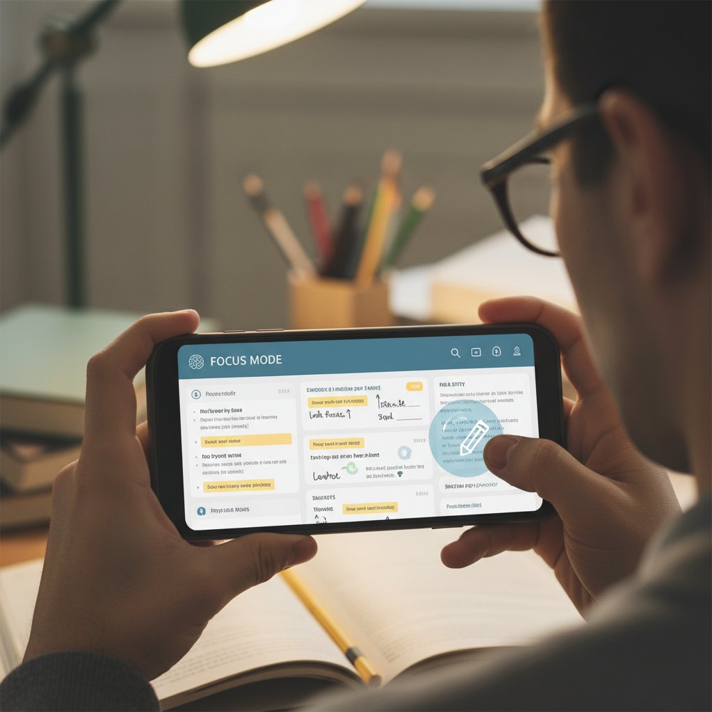 Zbliżenie na ekran smartfona z aplikacją do nauki, wokół notatki i długopisy, atmosfera skupienia