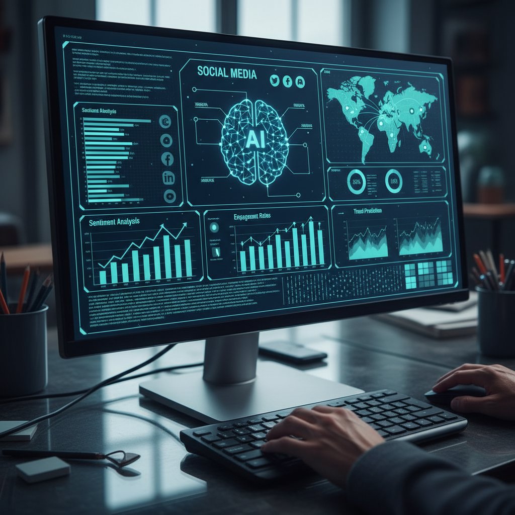 Zbliżenie na ekran komputera z kodem AI analizującym dane social media