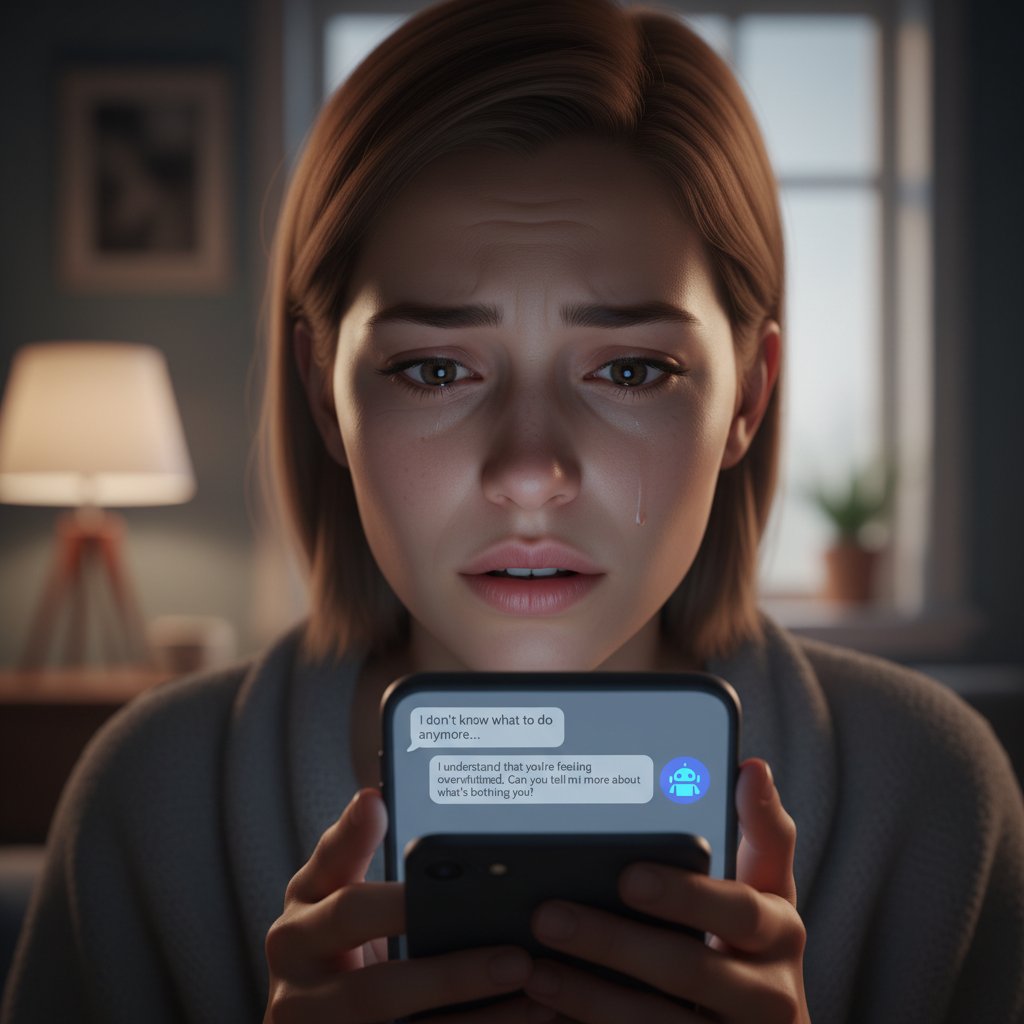 Bliska rozmowa przez smartfon między klientem a chatbotem, wyraźne emocje na twarzy użytkownika