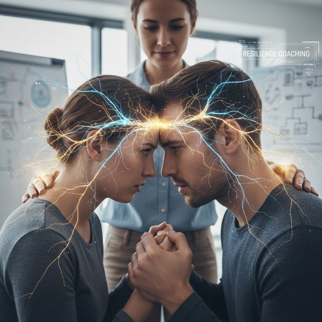 Close-up of two people facing each other, emotional tension visible, with abstract lights symbolizing brain connections and resilience coaching