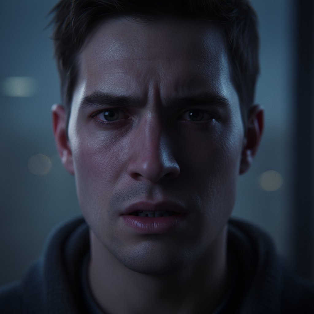 Zbliżenie na twarz osoby z wyraźnym niepokojem, ciemne otoczenie, dramatyczne światło