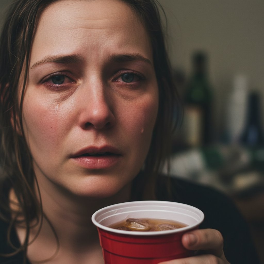 Zbliżenie na twarz osoby z zamglonym spojrzeniem, emocje, uzależnienie, alkohol