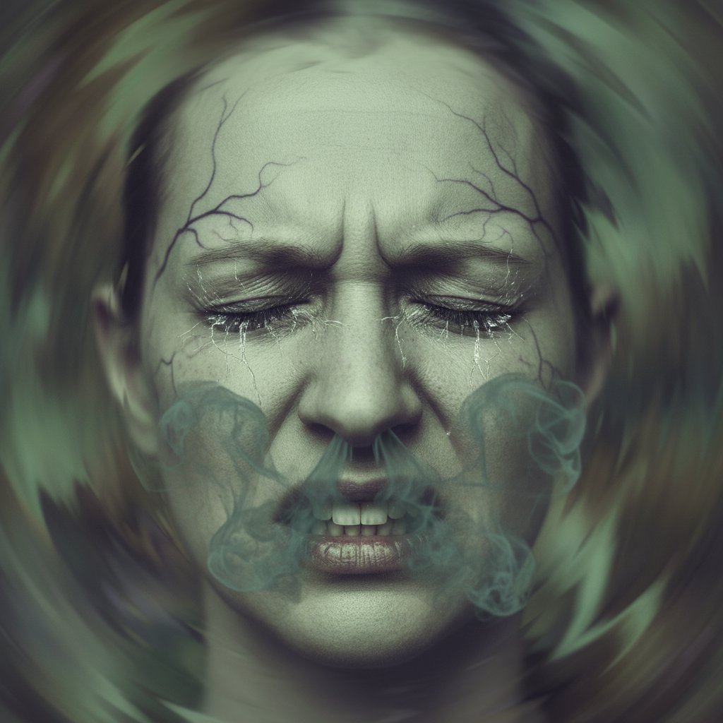 Zbliżenie na twarz osoby z zamkniętymi oczami, symbolizująca toksyczność mechanizmów obronnych