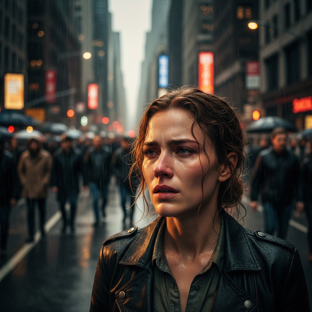 Zbliżenie na osobę z wyrazistym grymasem twarzy, w środku miejskiego tłumu – dynamiczne emocje