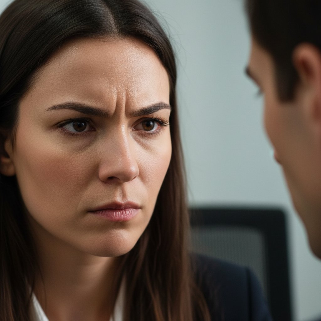 Zbliżenie na twarz osoby podczas trudnej rozmowy, widoczne napięcie i determinacja