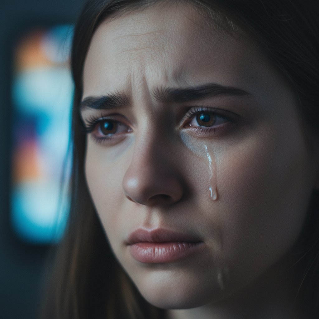 Zbliżenie na twarz, łza wzruszenia podczas oglądania wideo – emocje w skutecznym storytellingu