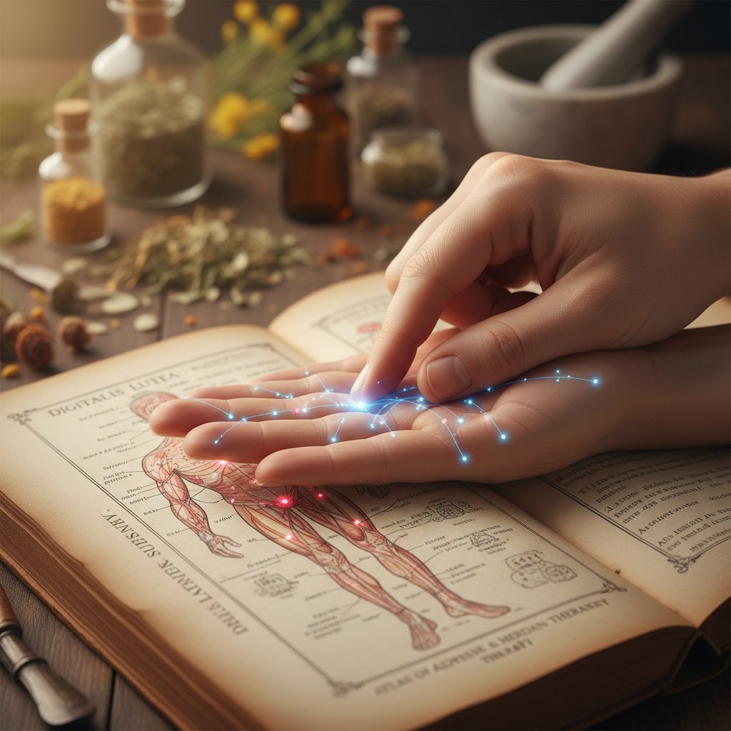 Zbliżenie na dłoń osoby lokalizującej punkt akupresurowy z wykorzystaniem mapy ciała