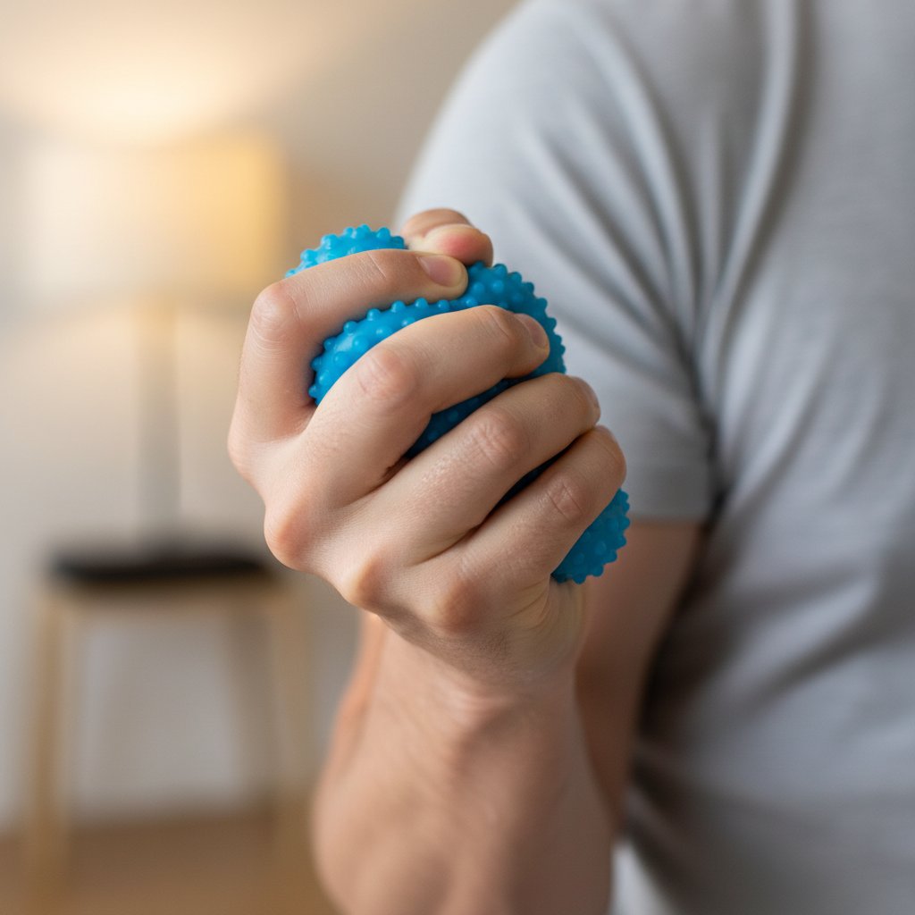 Zbliżenie na dłoń ściskającą i rozluźniającą piłeczkę antystresową, symbolizującą progresywną relaksację