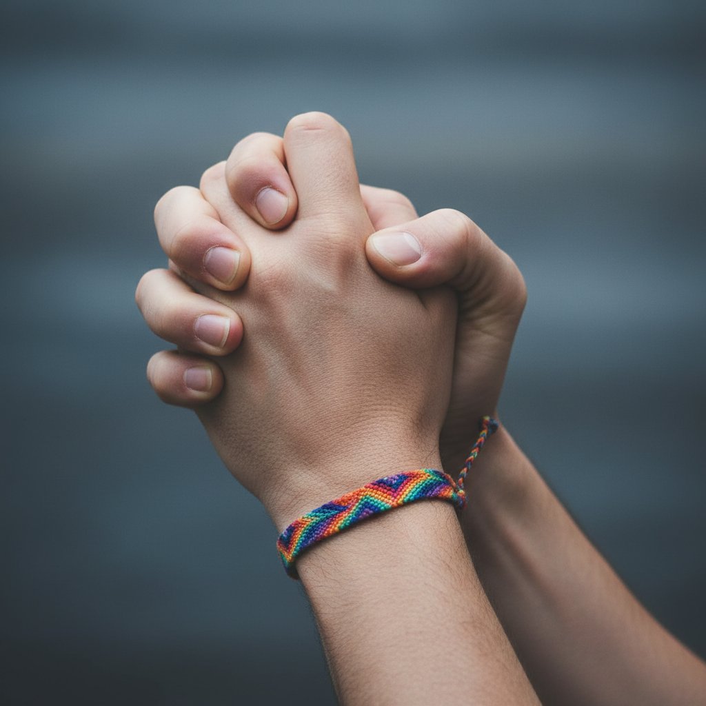 Ręce z tęczową bransoletką, napięcie i strach