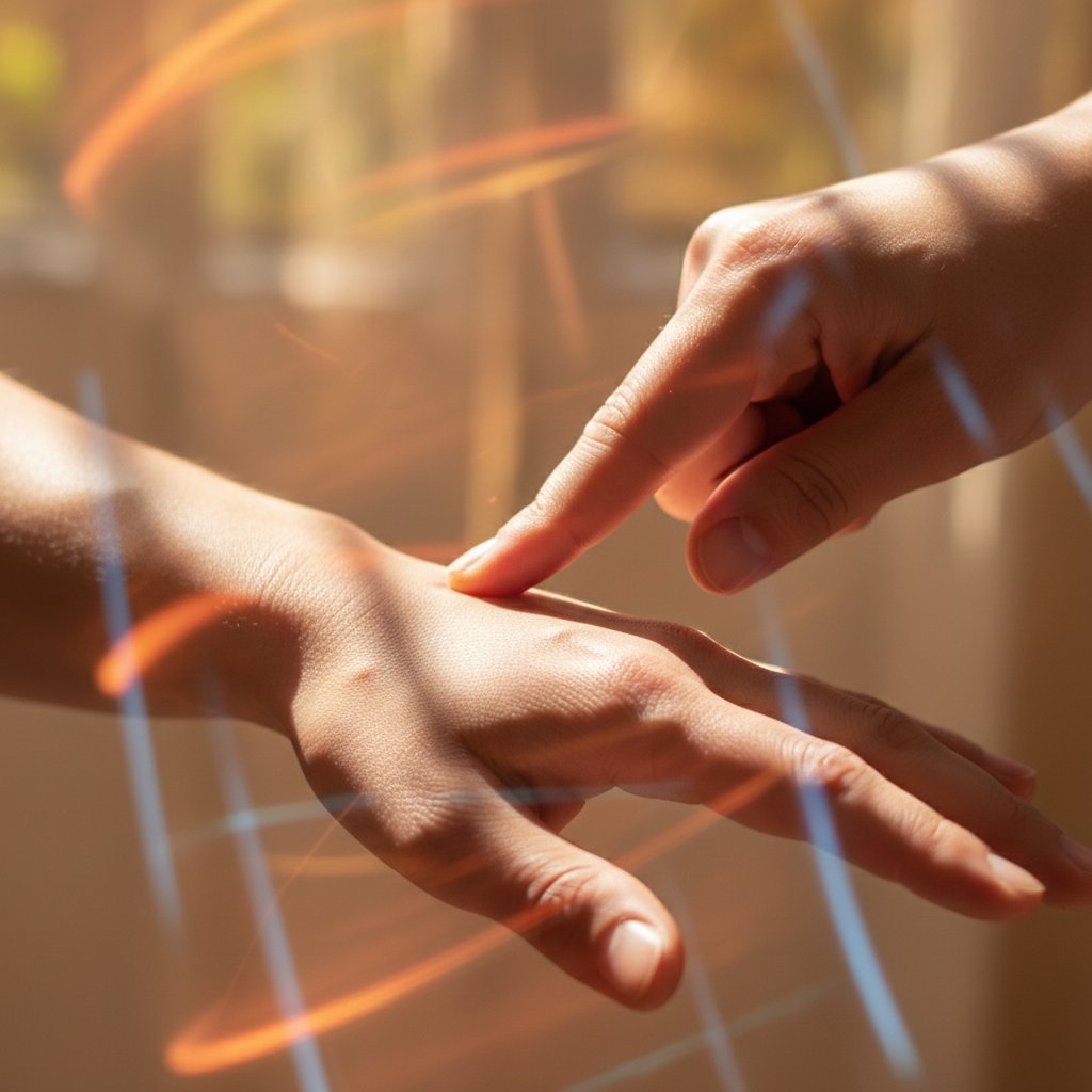 Zbliżenie na dłonie osoby wykonującej tapping na punktach akupresurowych, dynamiczne światło