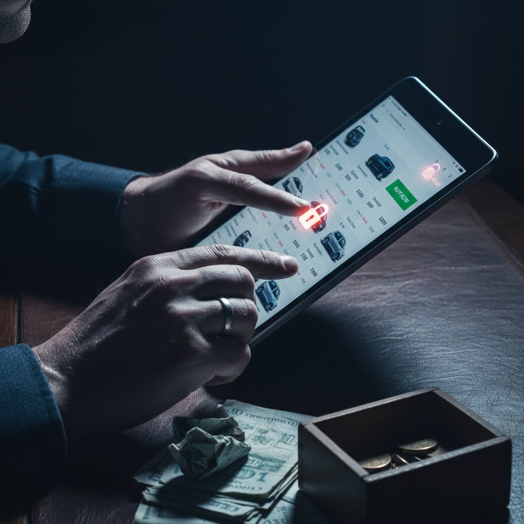Close-up of hands scrolling online car listings on a laptop, high-contrast lighting hints at risks and trust