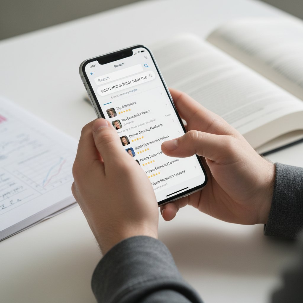 Zbliżenie na ręce wpisujące zapytanie w wyszukiwarkę, na ekranie korepetytor ekonomia online