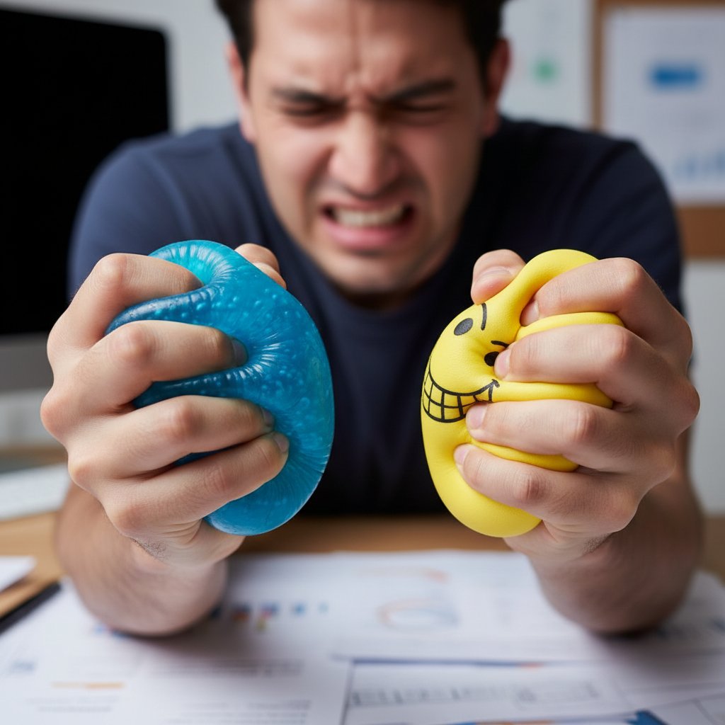 Zaciśnięte dłonie trzymające kulki antystresowe – uzależnienie od technik