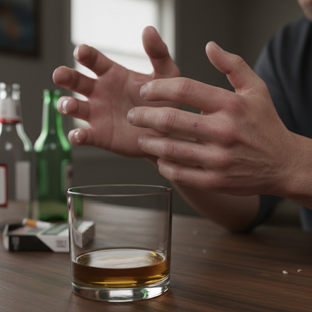 Zbliżenie na dłonie osoby ukrywającej drżenie, objawy uzależnienia od alkoholu