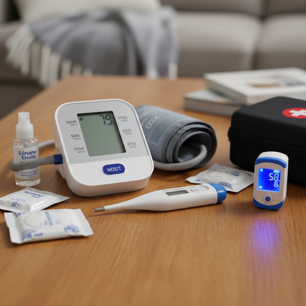 Zbliżenie na podstawowe narzędzia domowej analizy zdrowia: termometr, ciśnieniomierz, pulsoksymetr