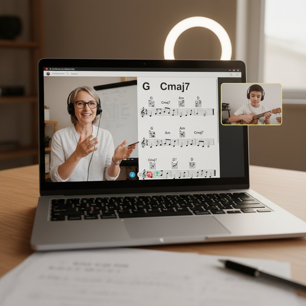 Zbliżenie na ekran laptopa z widocznym nauczycielem muzyki, obok nuty i akordy, realna scena lekcji online