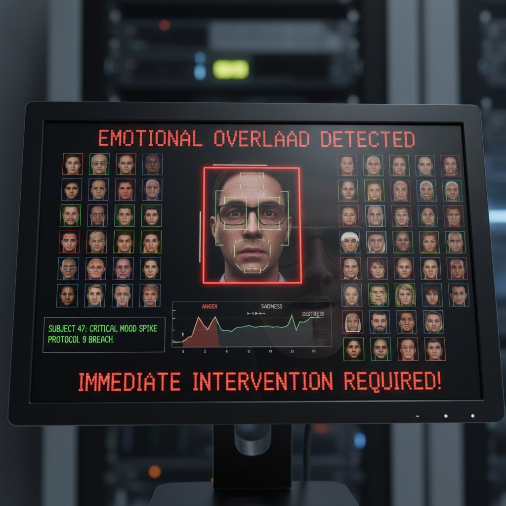 Zbliżenie na monitor z analizą emocji AI i ostrzegawczymi komunikatami