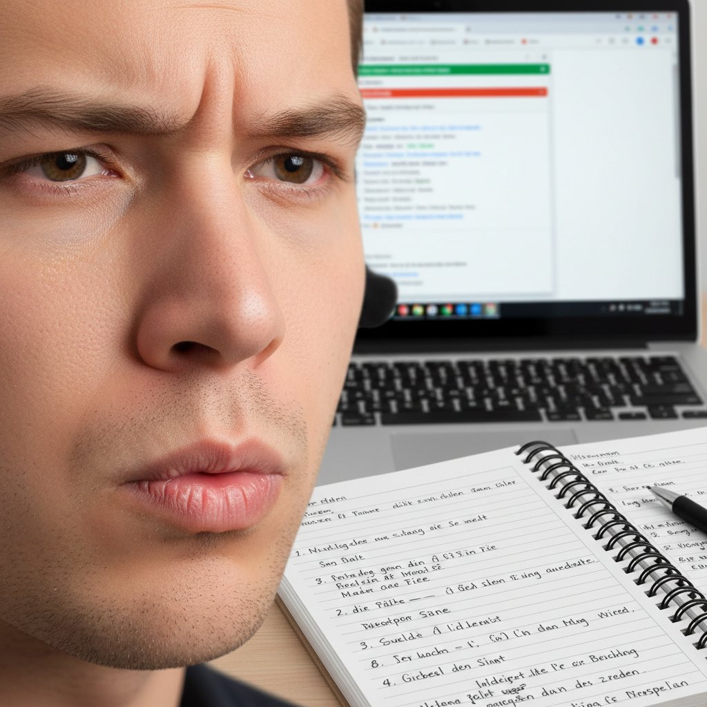 Zbliżenie na usta osoby wymawiającej trudne niemieckie słowa, w tle laptop i notatki, wyraz determinacji