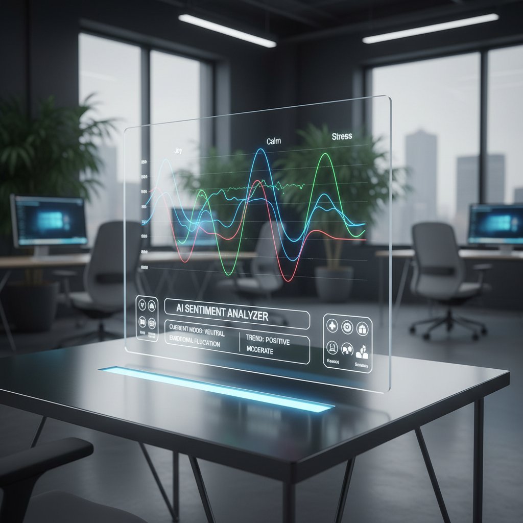 Zbliżenie na ekran z wykresem emocji i panelem AI, nowoczesne biuro
