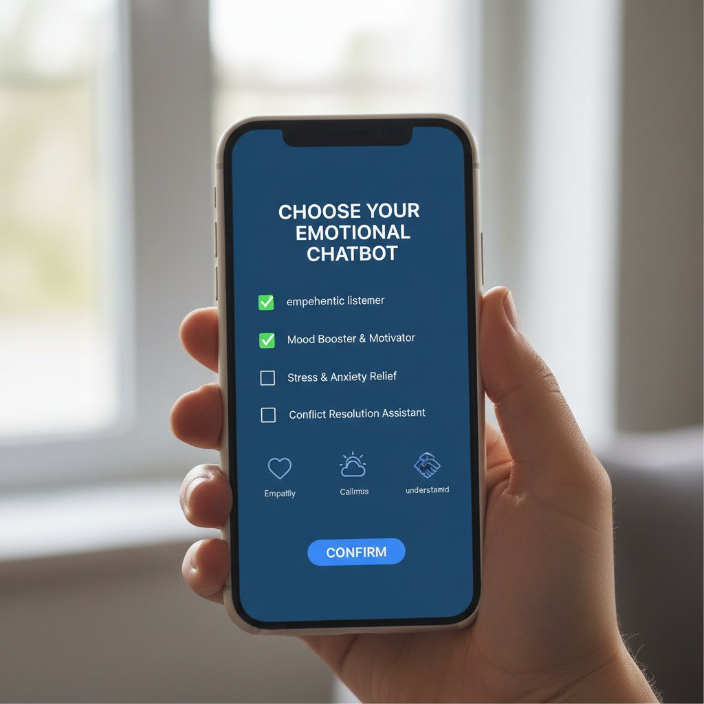Zbliżenie na ekran telefonu z checklistą wyboru chatbota emocjonalnego