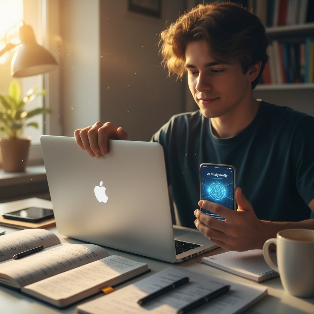 Zadowolony uczeń po skutecznej nauce online – zamyka laptopa, notatki i aplikacja AI