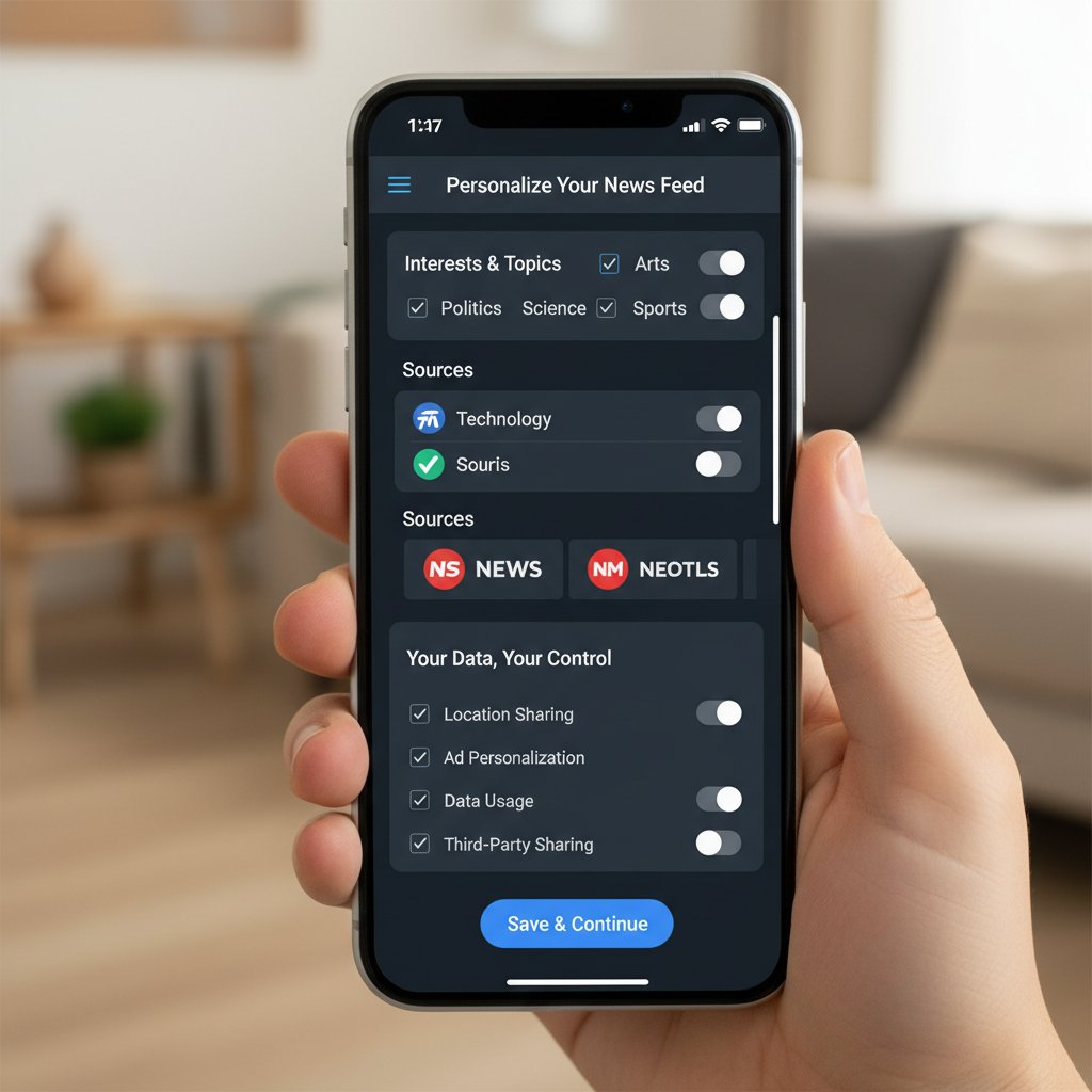 Zbliżenie na ekran smartfona z otwartą aplikacją newsową, widoczne opcje personalizacji i ustawień prywatności