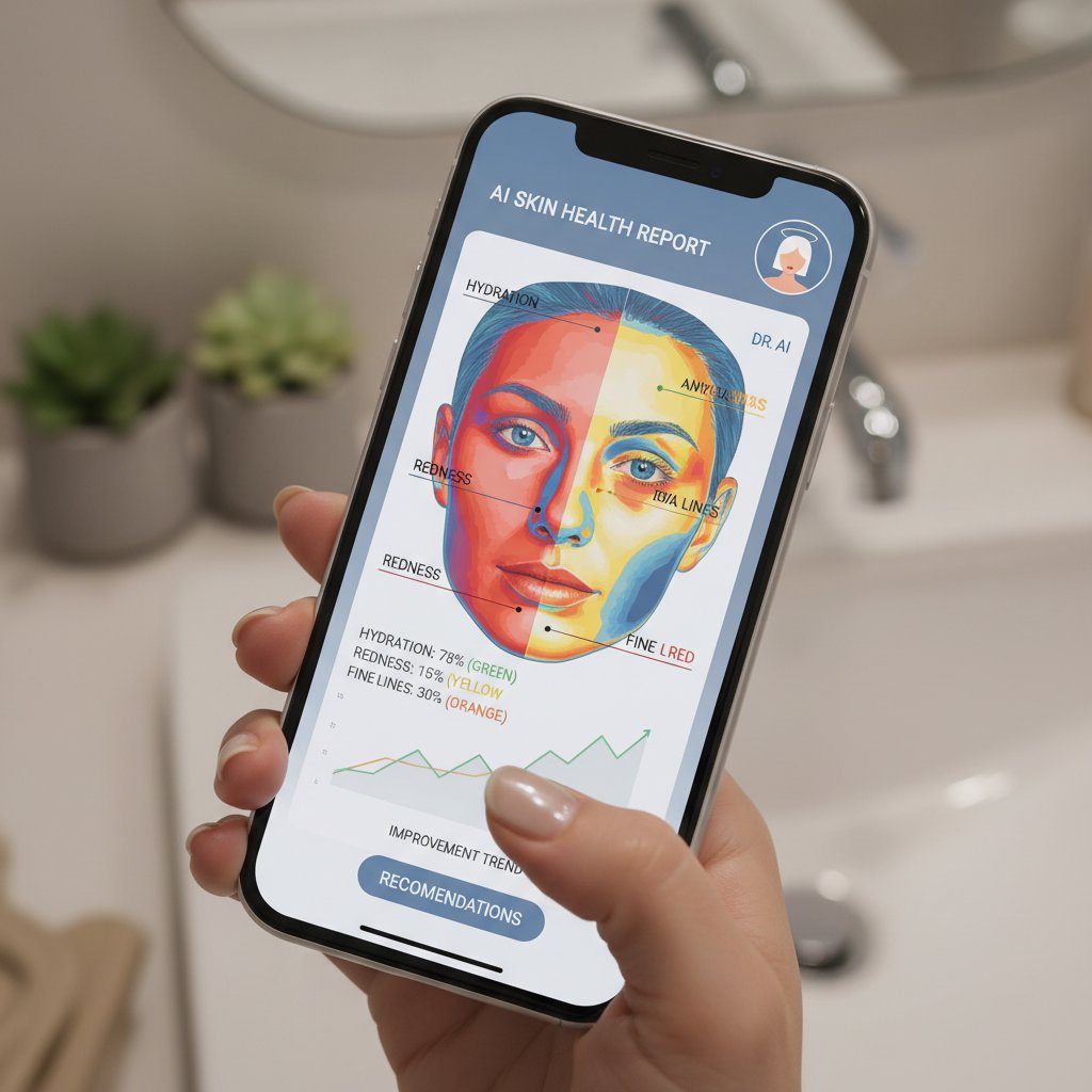 Technologiczne zbliżenie na smartfon analizujący skórę kobiety, ekran wyświetla mapę AI