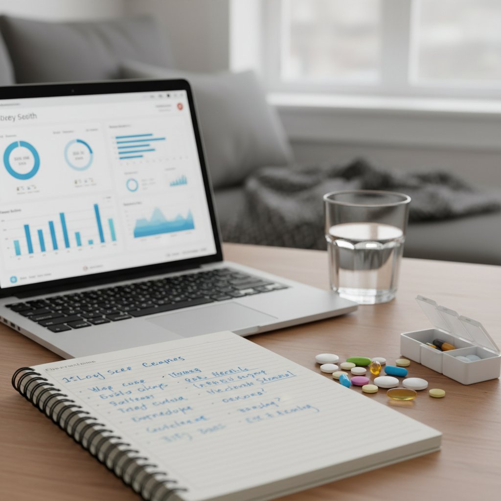 Zbliżenie na statystyki, laptop, notatki i tabletki na stole, domowa analiza