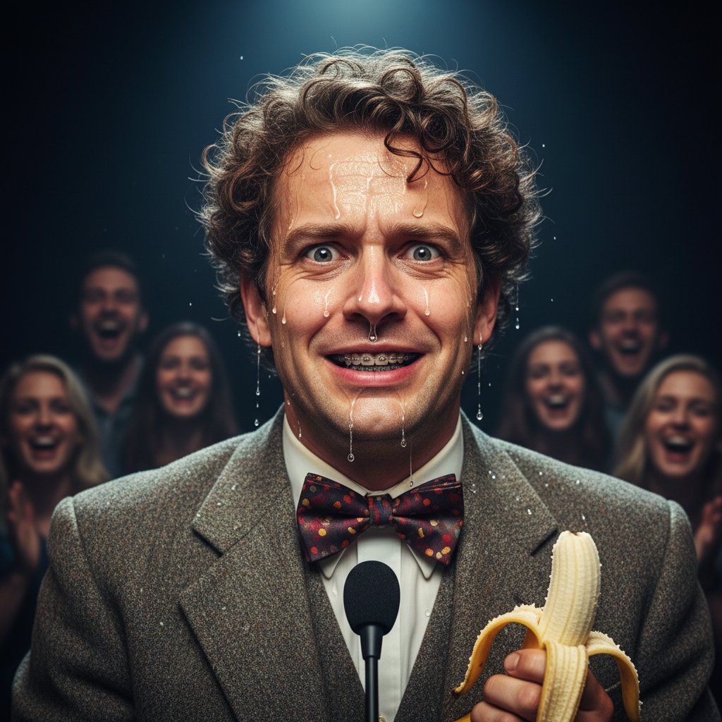 Closeup of sweating actor in comedic, awkward moment, beads of sweat visible