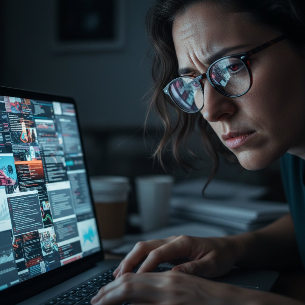 Zbliżenie na twarz osoby patrzącej zmęczonym wzrokiem na ekran laptopa, klimat napięcia i przeciążenia