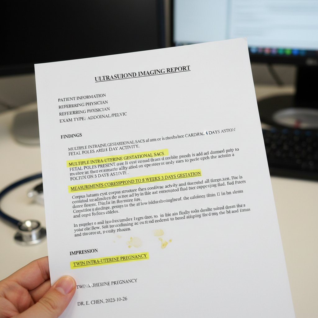 Zbliżenie raportu USG z podkreślonymi wynikami i skrótami medycznymi