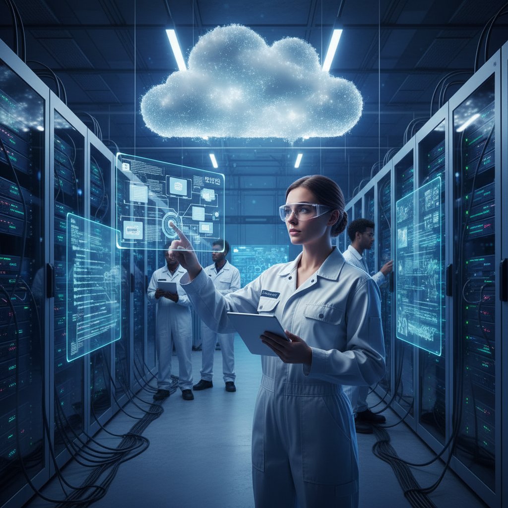 Nowoczesne centrum danych cloud – kobieta nadzorująca integracje systemów sprzedaży