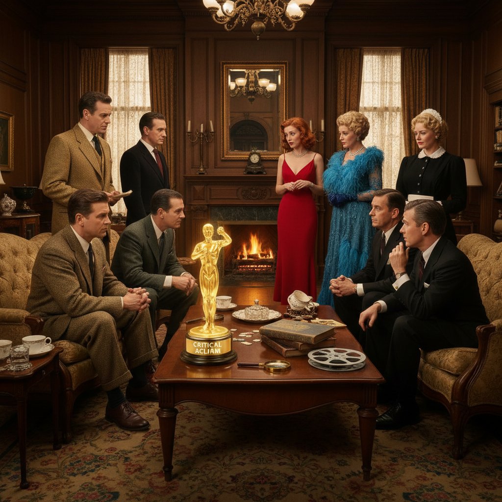 Iconic scene from the cult classic cozy mystery film "Clue", cozy living room setting