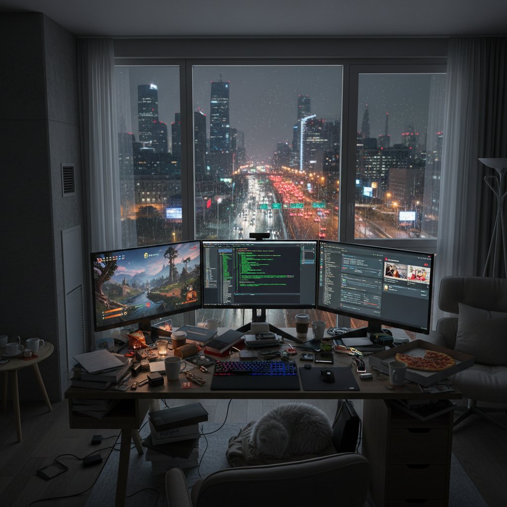 Zagracone biurko z laptopem, telefonami i filiżankami, noc, stres w polskim mieszkaniu