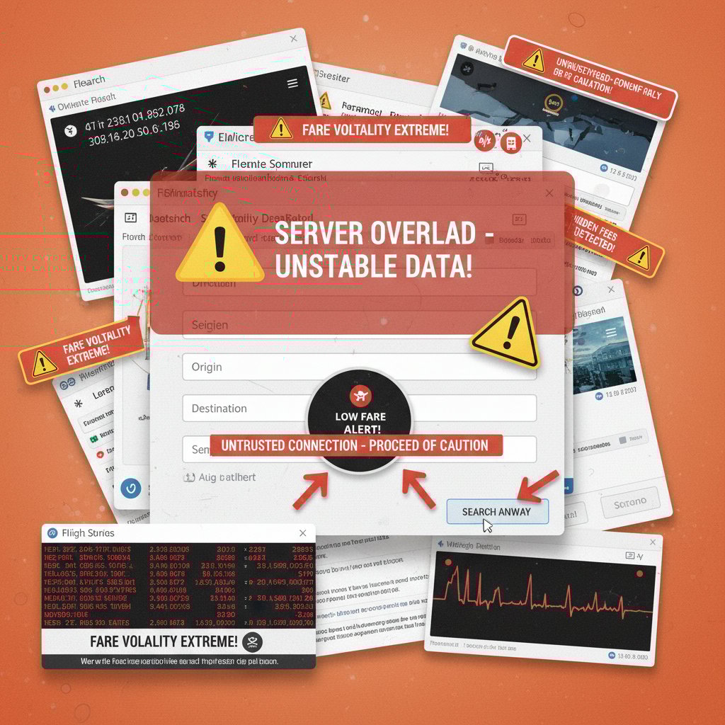 Przykład nieprzejrzystego interfejsu porównywarki lotów, ostrzegawcze ikony i zamieszanie w wynikach wyszukiwania