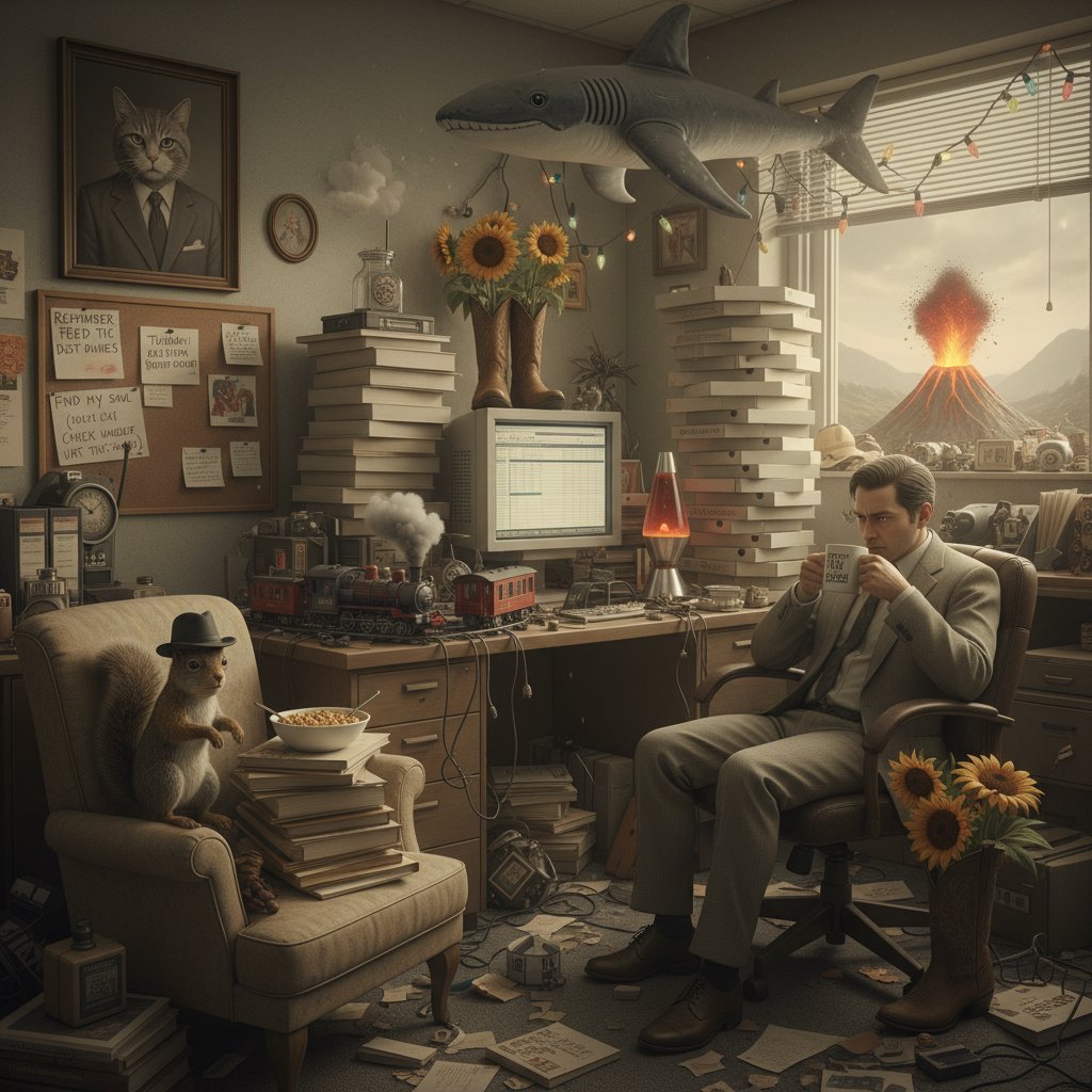 A cluttered office, one bizarrely out-of-place detail only visible on close inspection, visual gag in comedy