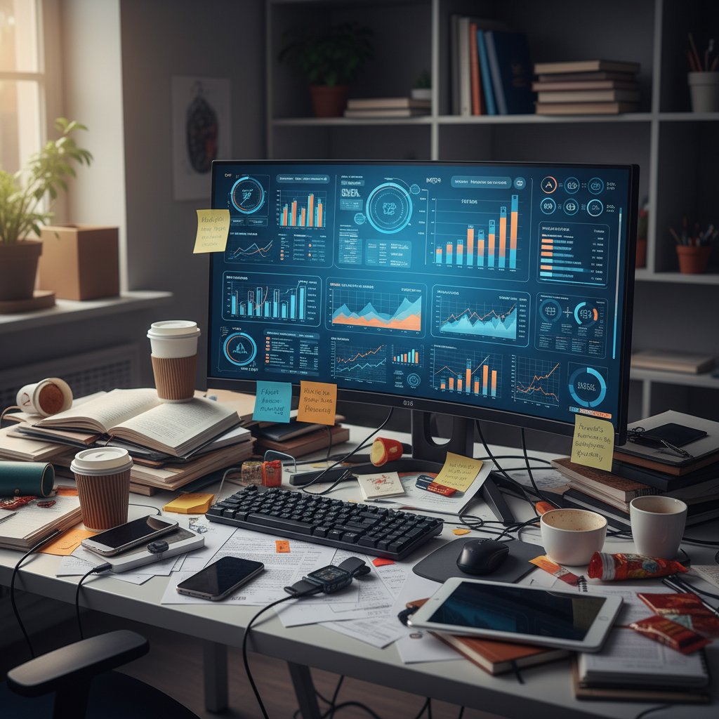Stos papierów na biurku i nowoczesny komputer z dashboardem analitycznym, symbolizujące kontrast między manualną a automatyczną analizą danych