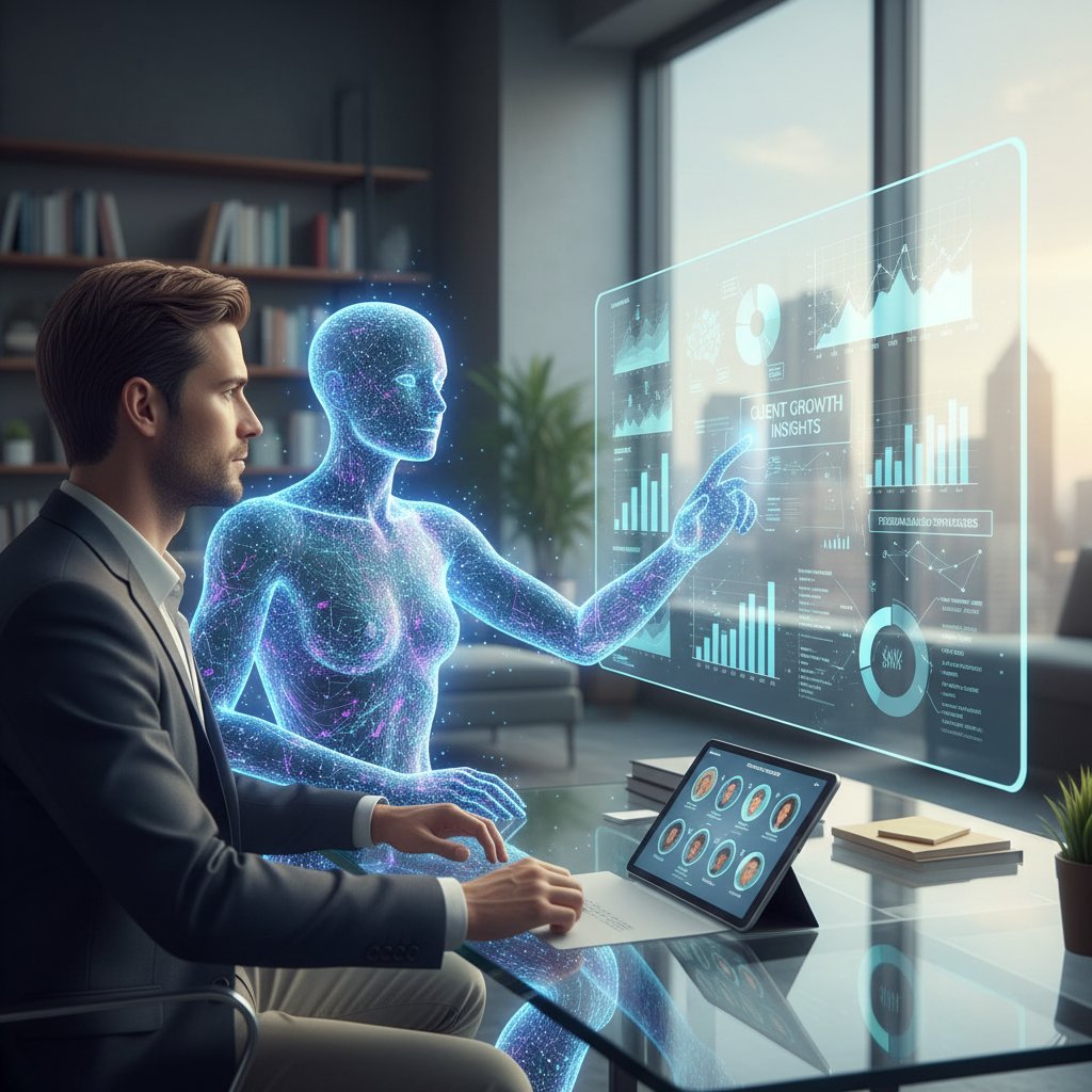 Coach i AI analizują wspólnie dane klienta, ekran pełen wykresów i wskaźników, atmosfera współpracy