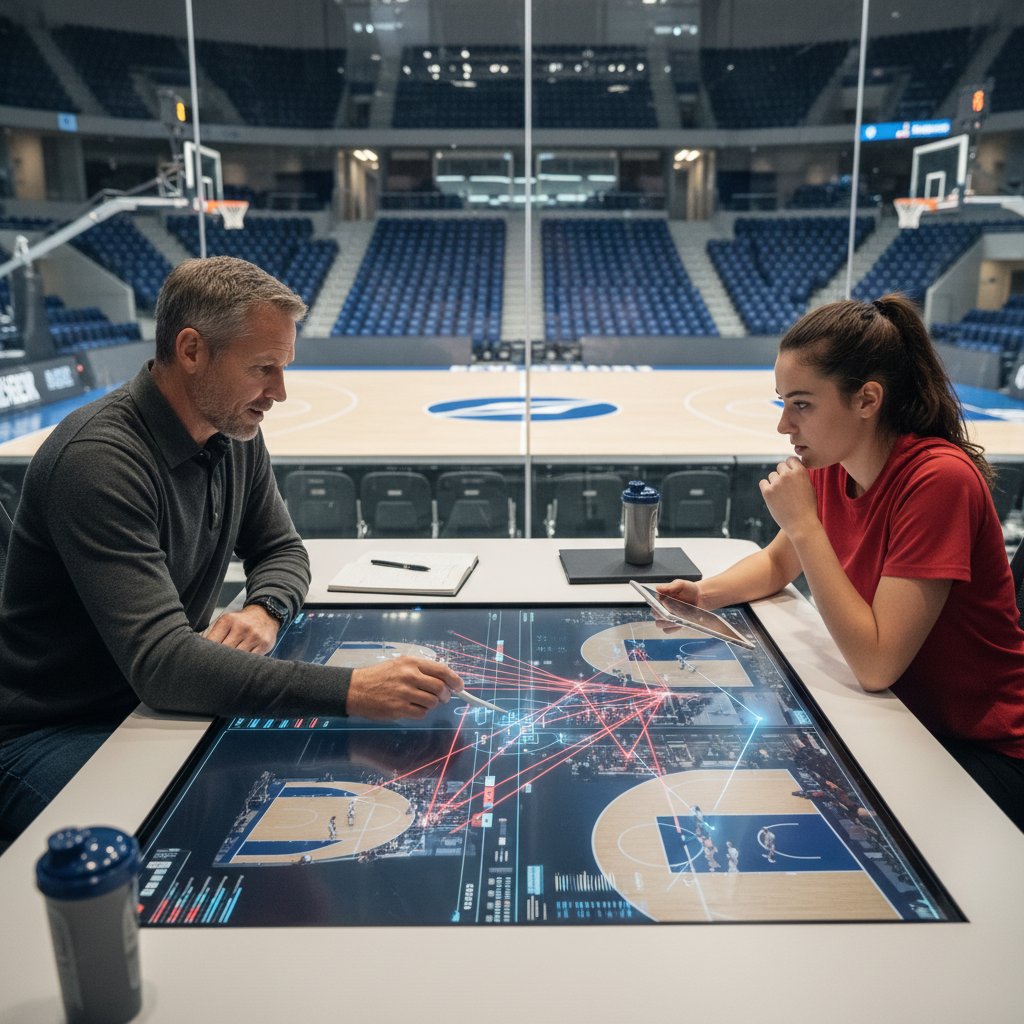 Trener sportowy analizujący profile osobowości zawodników na smartfonie