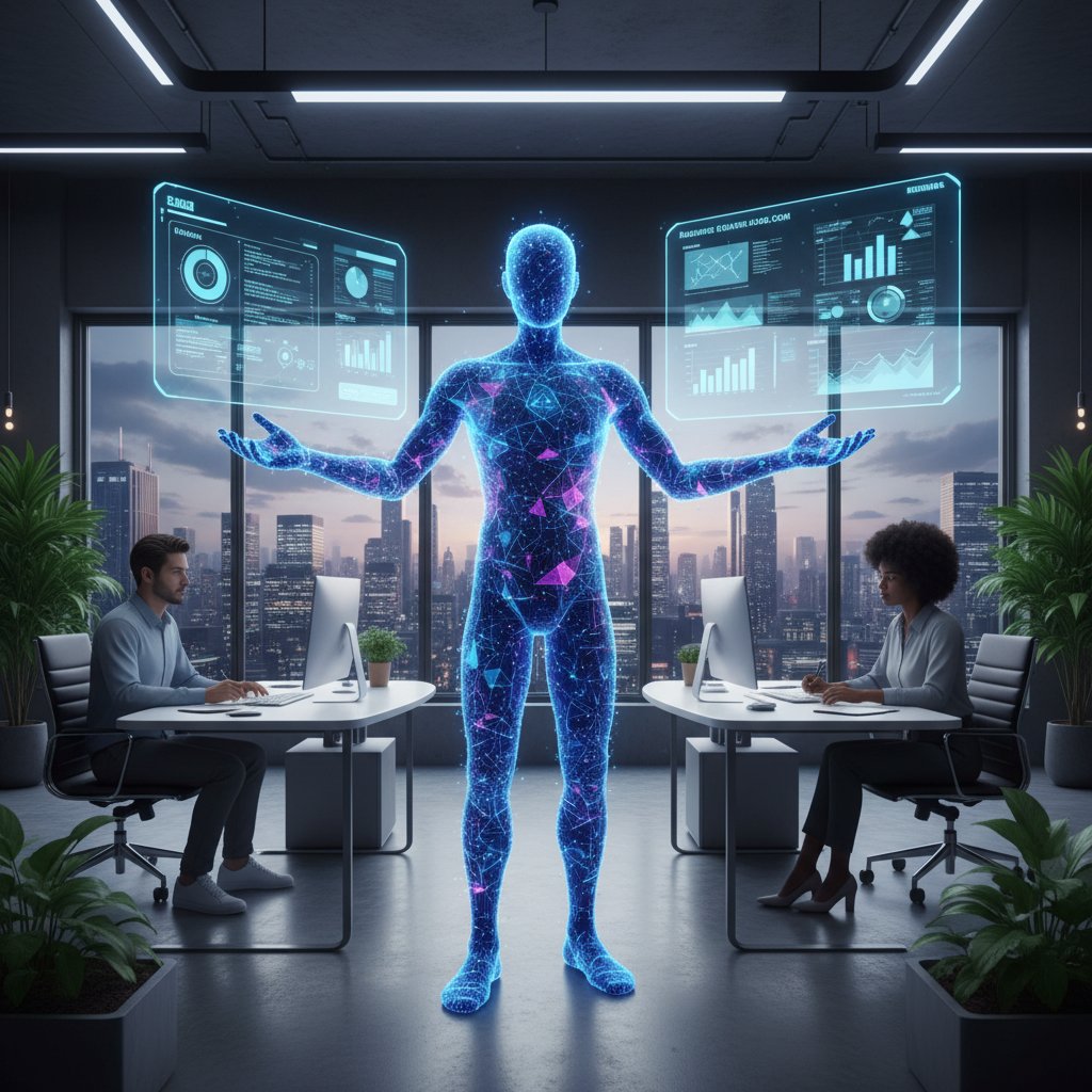 Zdjęcie trenera prowadzącego rozmowę z cyfrową postacią na ekranie – AI w edukacji i coachingu