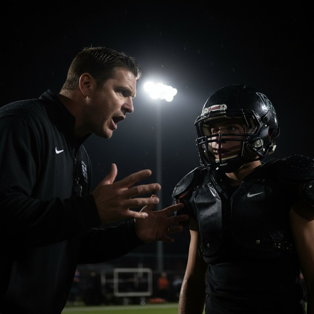 Trener udziela intensywnych instrukcji niepewnemu uczniowi, półmrok, autentyczna atmosfera klubu kickboxingu