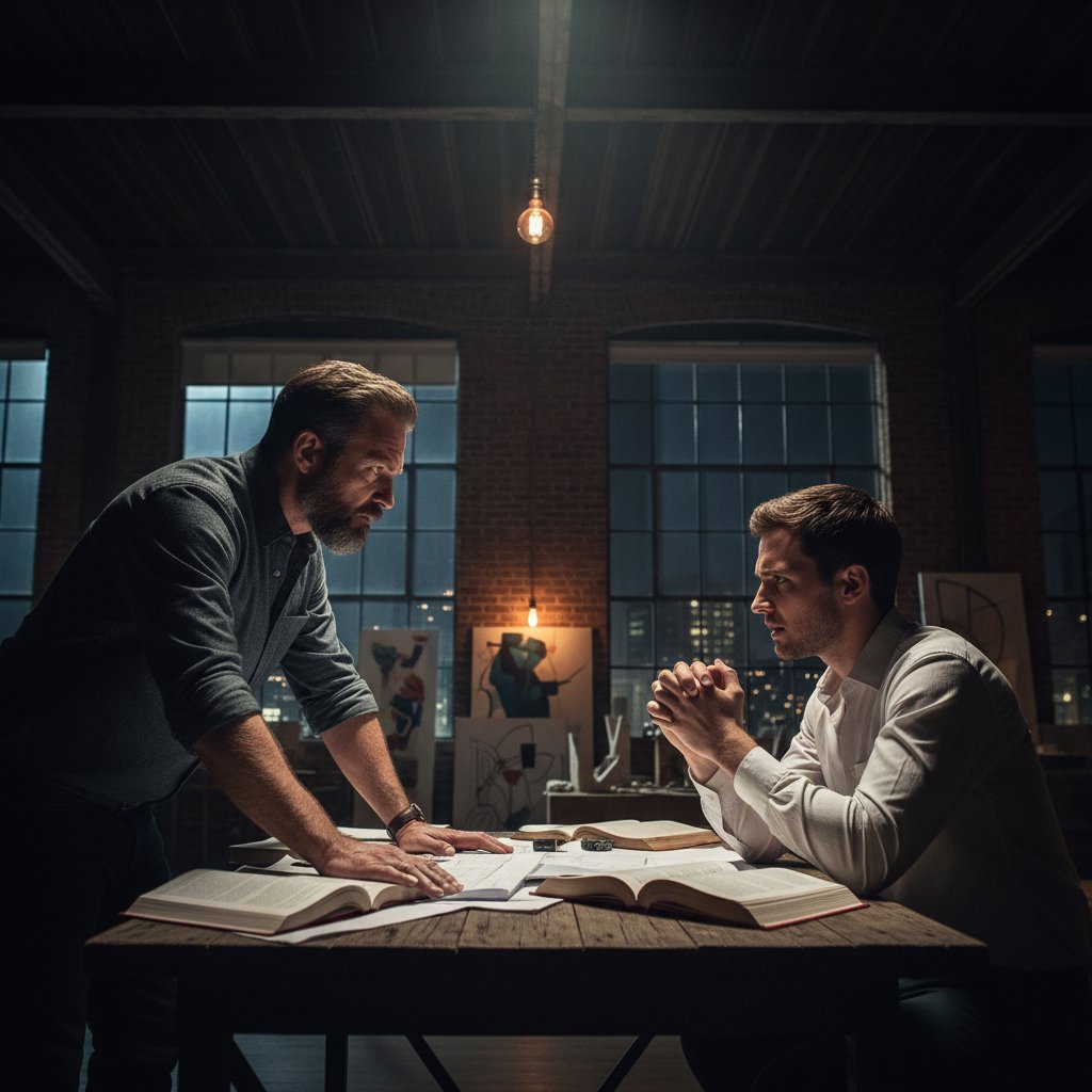 Dwie osoby prowadzące szczerą rozmowę coachingową w nocnej scenerii miejskiego loftu, mocne światło i cienie, napięcie