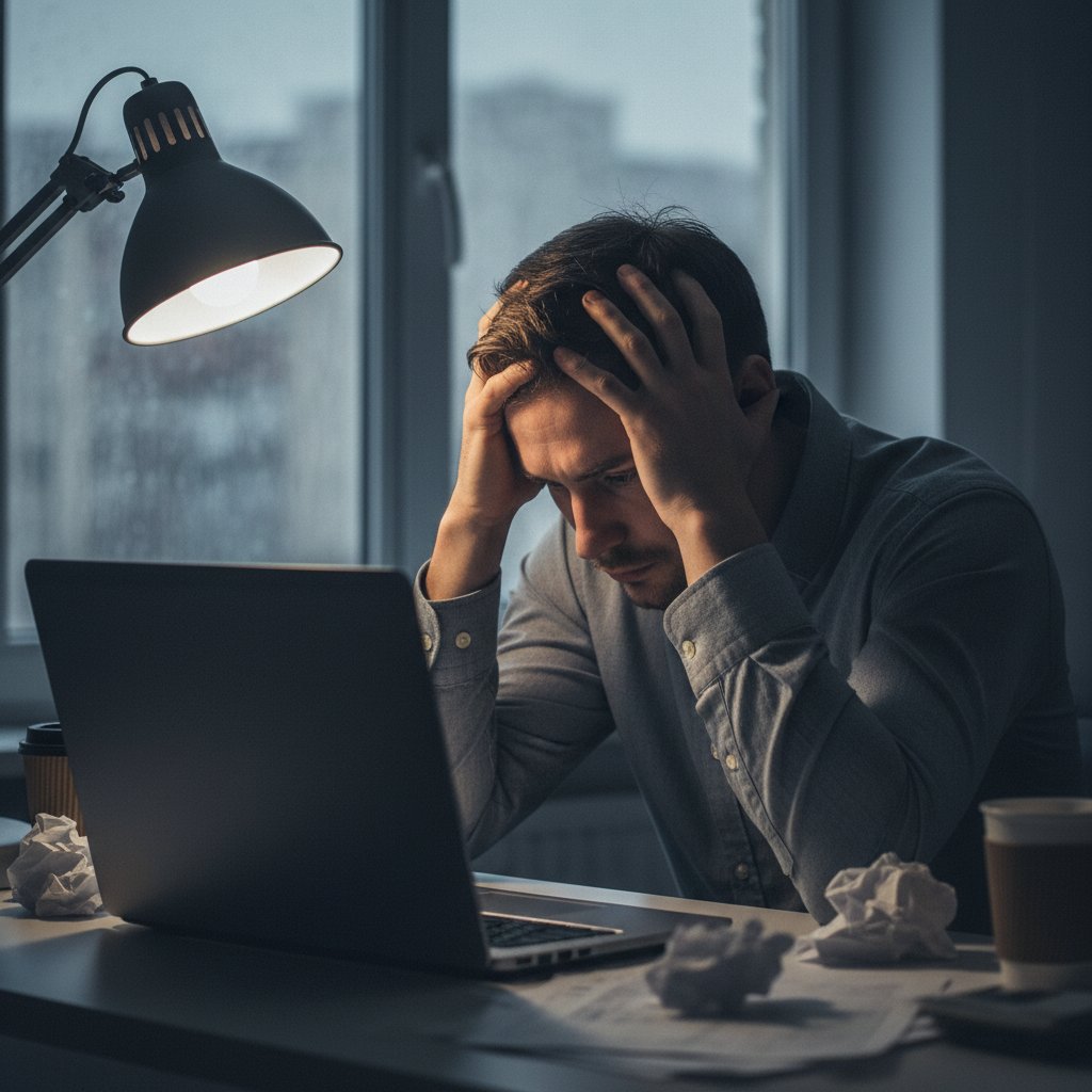 Person alone at kitchen table, staring at closed laptop, expressing disappointment after failed coaching