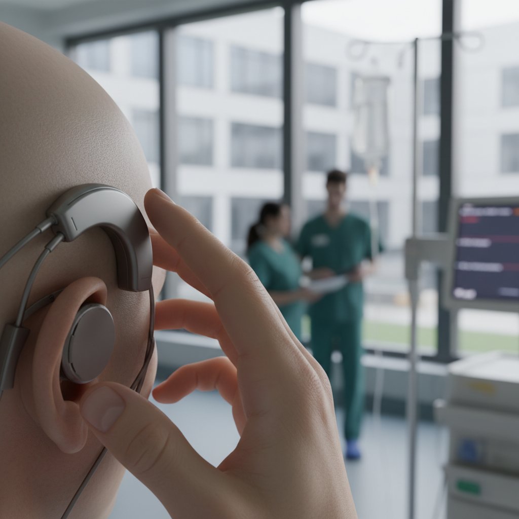 Zdjęcie zbliżenia na nowoczesny implant ślimakowy w dłoni, szpital w tle