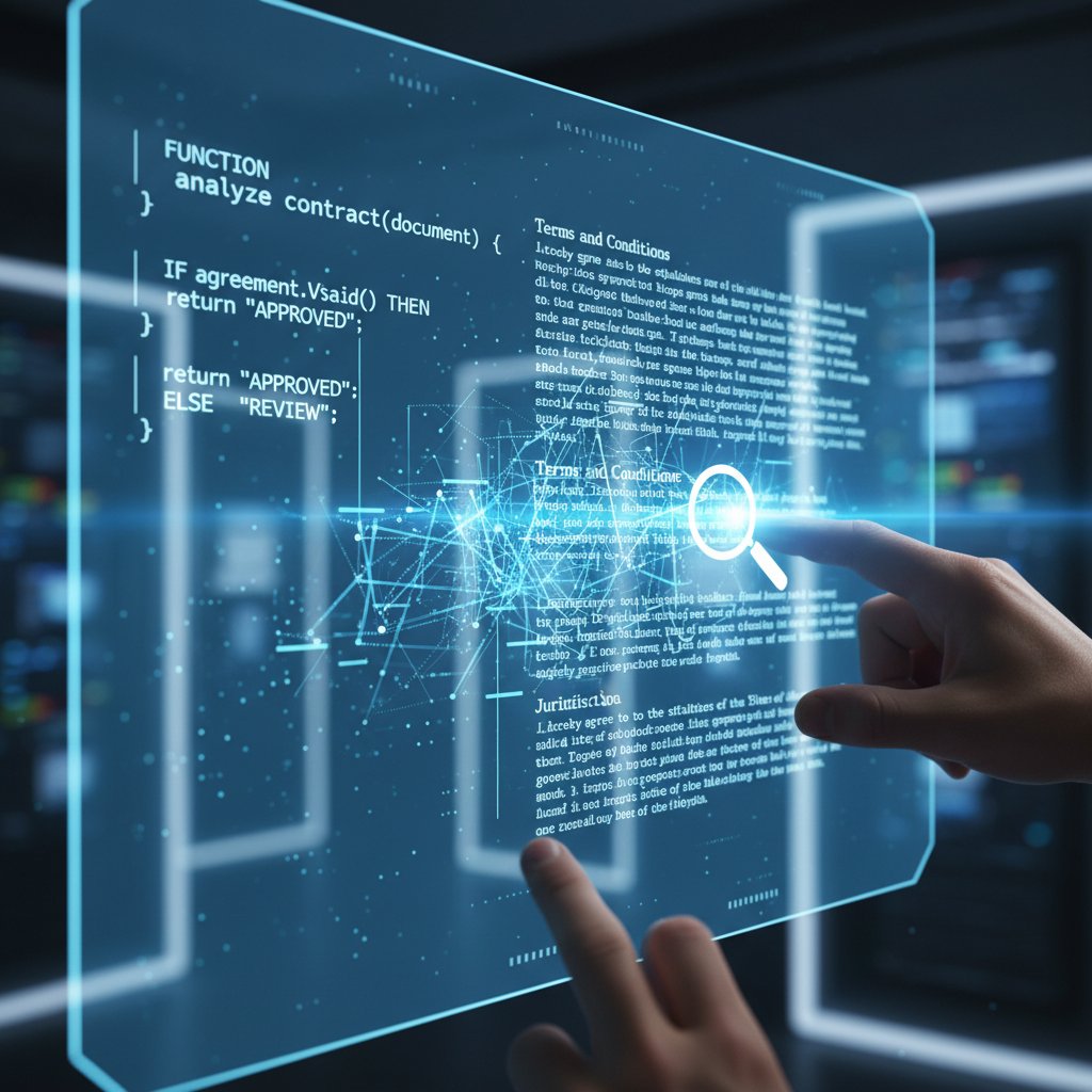 Close-up of code and contract text blending, AI interface analyzing document in a high-tech legal setting