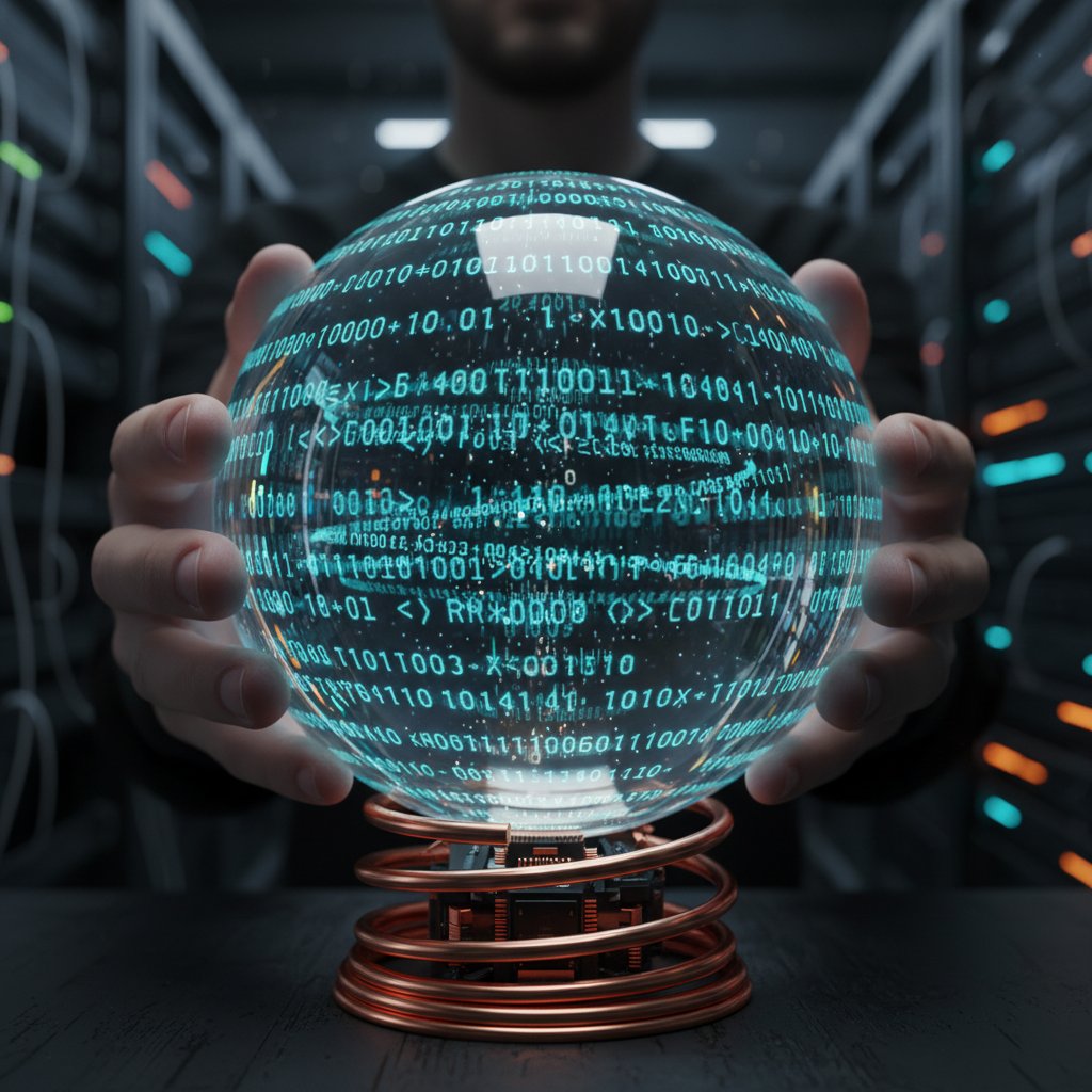 Code-Overlay auf einer Kristallkugel, symbolisiert KI-Wahrsager Technologie