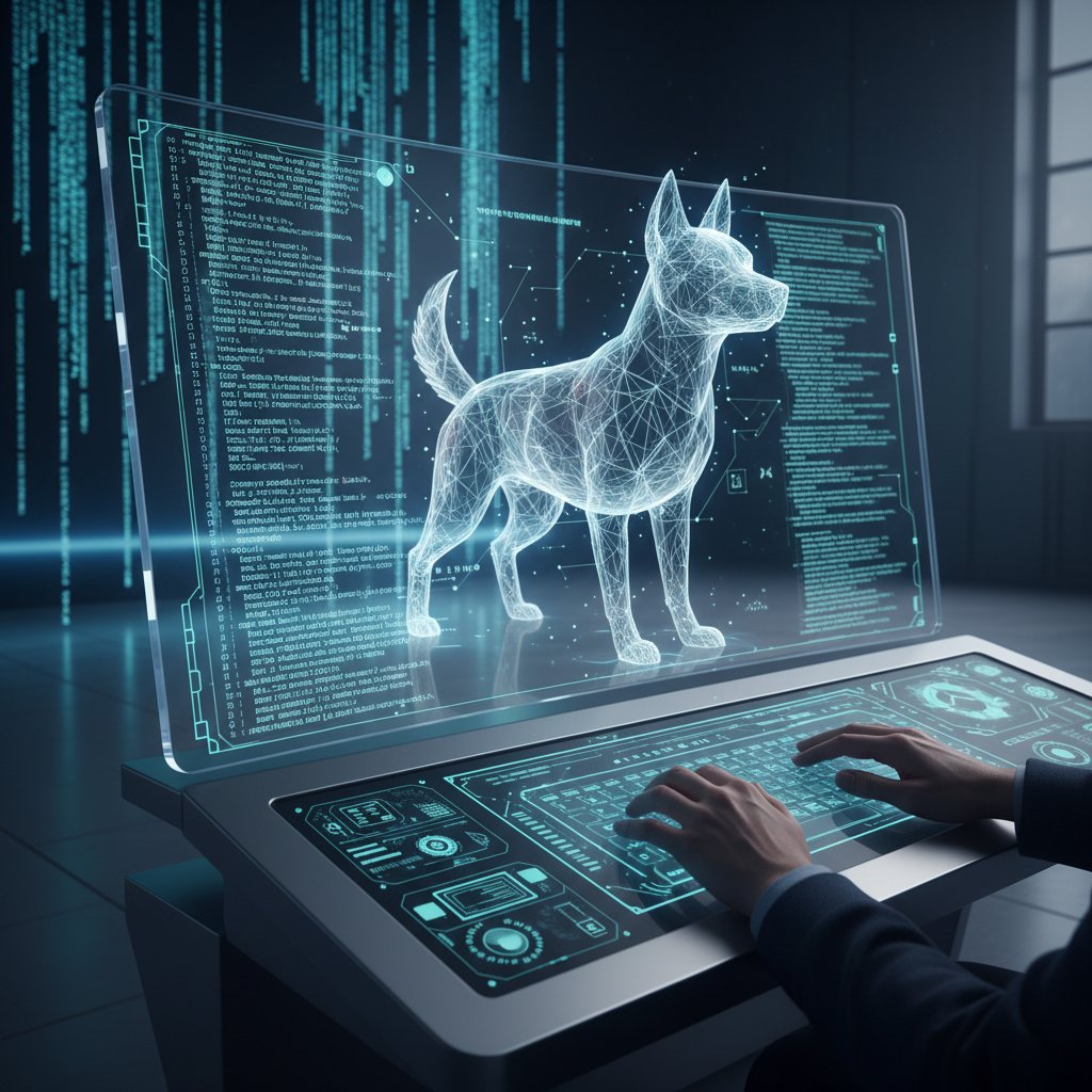 Zbliżenie na linie kodu przechodzące w wirtualnego psa na ekranie, styl high-tech