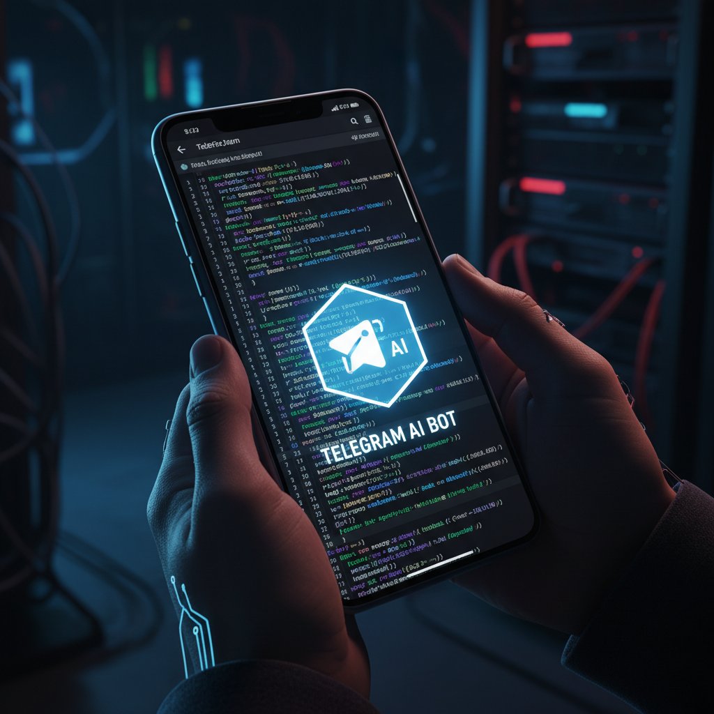 Kodowanie Telegram AI bota, ciemny ekran, linie kodu, smartfon w ręku